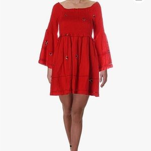 Free People Counting Daisies red embroidered off the shoulder mini dress, size S